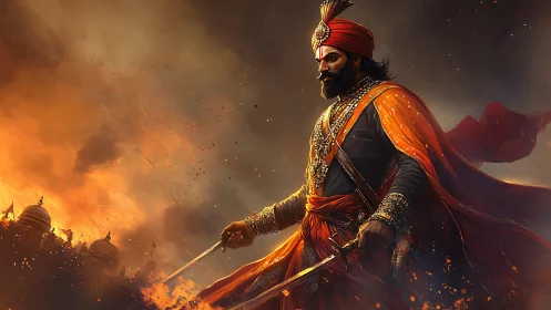 Ember-crowned warrior strides through a storm of burning dusk.