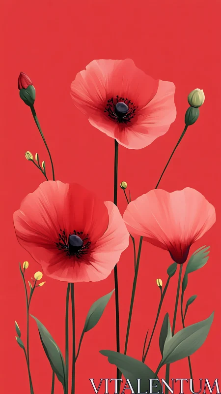 Red Anemone Blossoms with Closed Buds on Vibrant Crimson Ground