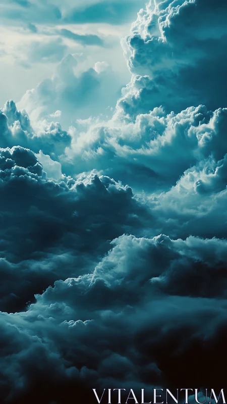 Storm-tinted cumulus clouds rise through deep turquoise sky