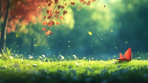 Red butterfly on sunlit grass beneath autumn foliage.