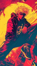 Urban anime youth crouches against neon sunset vortex