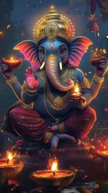Ganesh figure with oil lamps in stylized night setting.