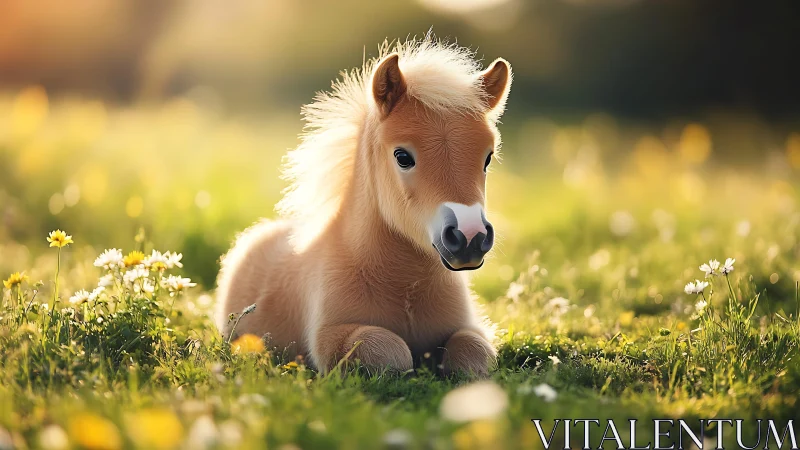 Foal lies in sunlit meadow surrounded by wildflowers