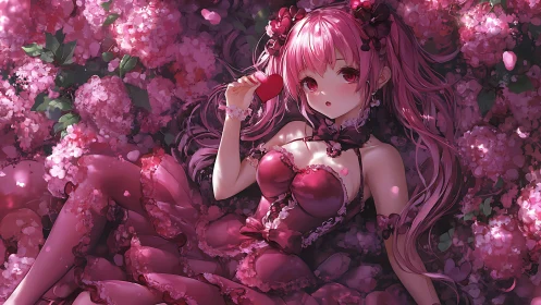 Pink haired girl lies in dense floral ground cover