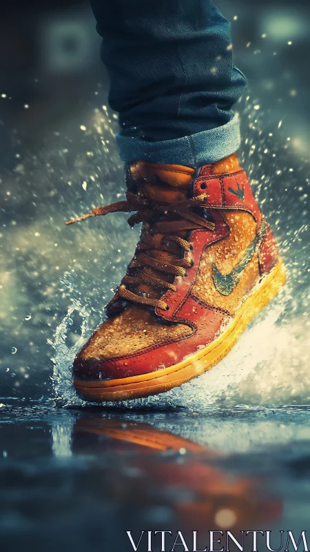 High-speed splash capture of red leather sneaker in rain puddle