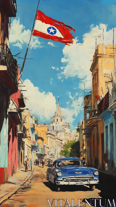 Sunny old town street with blue classic car and bright flag.