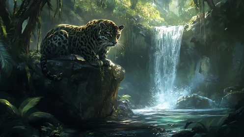 Leopard Prowls Jungle Waterfall in Emerald Wilderness.