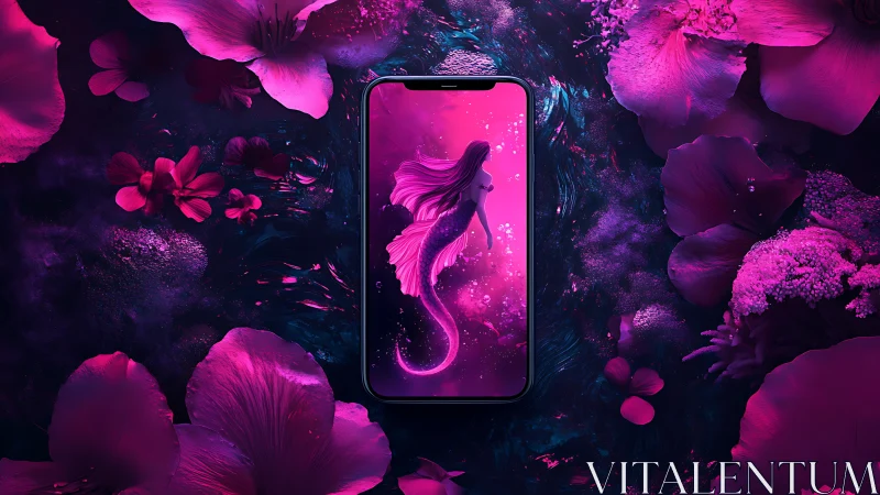 Smartphone screen displays stylized mermaid amid floral border