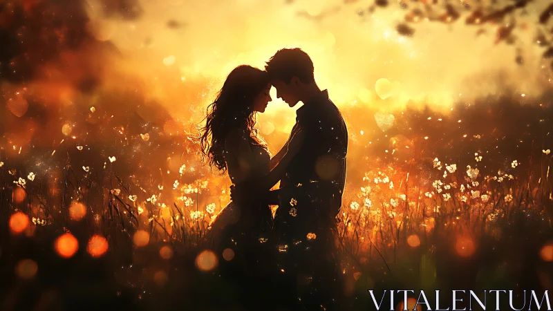 Silhouetted pair embracing in sunlit flower field.