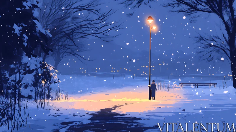 Digital painting of solitary figure under lamppost in snowstorm.