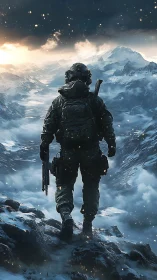 Lone tactical soldier overlooks stormy frozen mountain pass