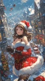 Smiling girl in Santa dress walks through snowy festive street