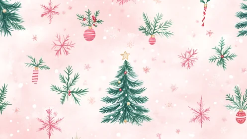 Watercolor Christmas tree pattern on soft pink background.