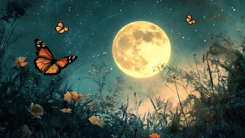 Monarch butterflies circle full moon above illuminated meadow