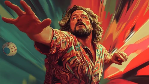 Man lunges through swirling neon streaks in bold motion.