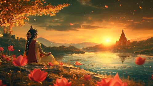 Woman in traditional dress meditating by river at sunset.