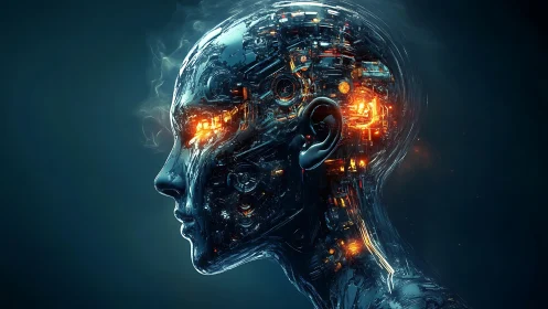 Cybernetic human head renders neural circuitry in molten light