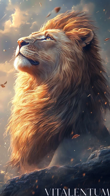 Majestic lion gazes upward through swirling golden embers
