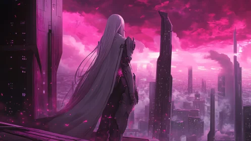 Armored figure surveys neon magenta dystopian skyline panorama
