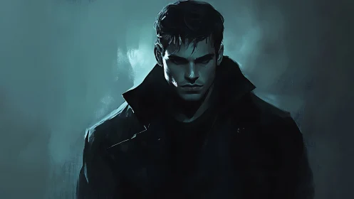 Male figure in dark coat against teal atmospheric backdrop.