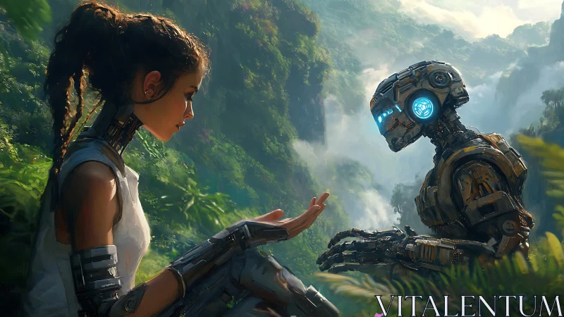 Cyborg girl and robot share quiet connection in jungle