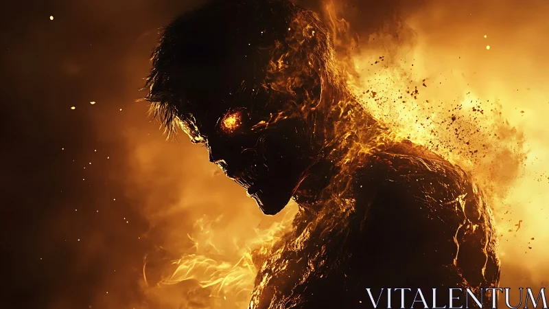 Flaming skeletal figure emerges through molten inferno blaze.