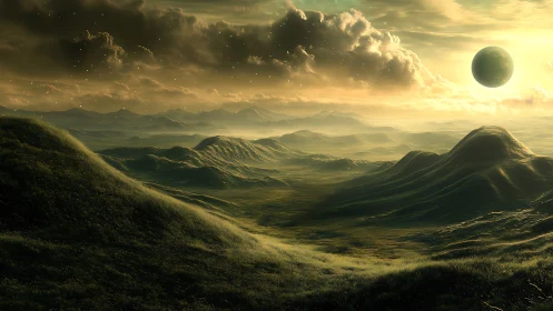 Alien grassland valley under low-angle star and eclipsed moon