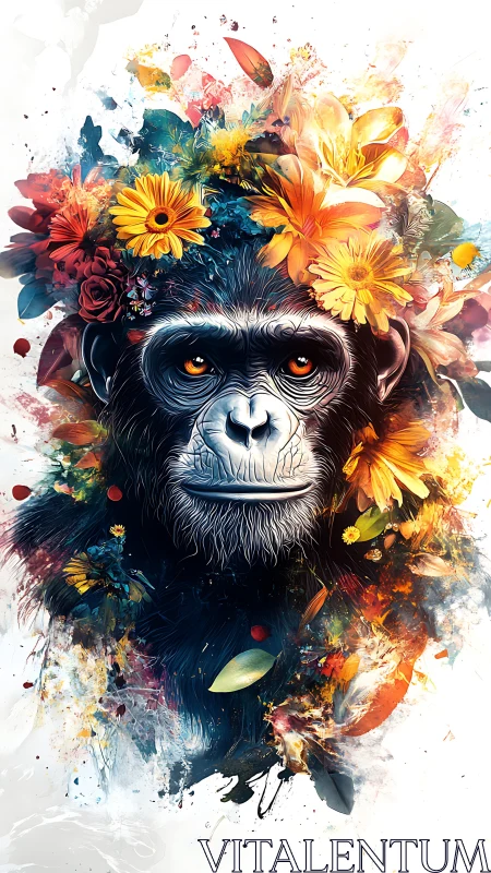 Chimpanzee portrait framed by vivid floral explosion