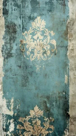 Weathered teal wall with faded vintage floral flourishes.