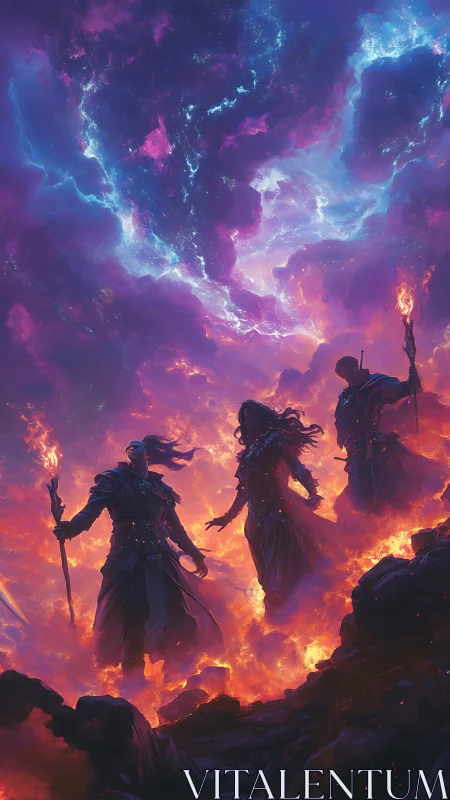 Mystic fire mages rise beneath a storm-split cosmic sky.