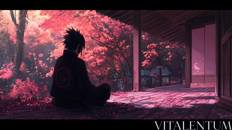 Solitary figure on wooden veranda beside dense pink foliage.