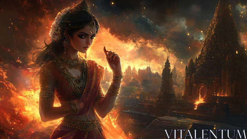 Mythic woman in jeweled sari before burning temple skyline at dusk
