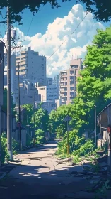 Overgrown urban street divides mid-rise residential blocks