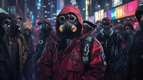 Hooded gas mask collective in neon cyberpunk streetscape.