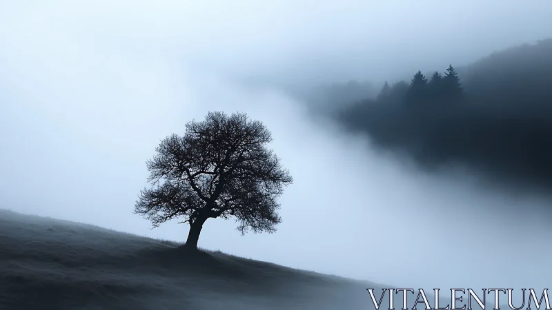 Solitary hillside tree in blue-toned atmospheric fogscape.