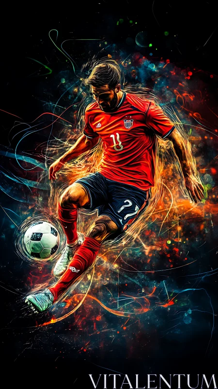 Electric soccer striker controls ball amid neon motion