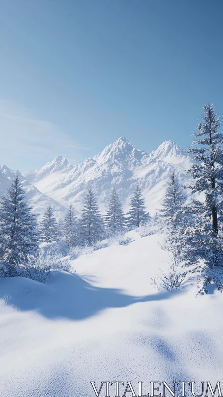 Winter sunlight sketches soft blue shadows across snowy pines