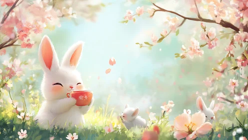 White bunny tea ritual under luminous cherry blossoms.