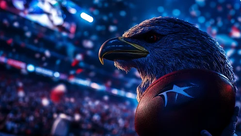 Stadium roar with fierce eagle mascot clutching football.