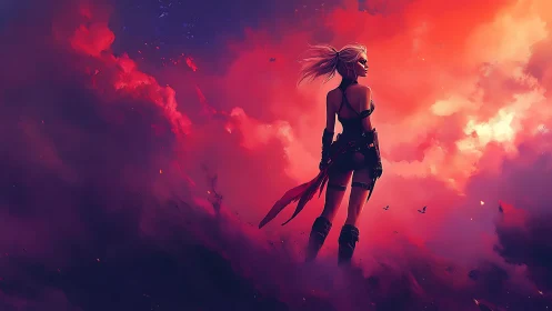 Warrior woman surveys a fiery, storm-lit fantasy sky.