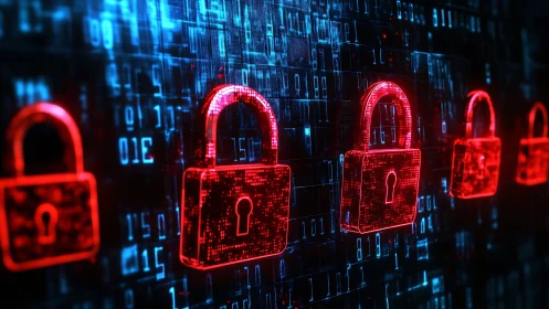 Digital red padlocks over binary code background.