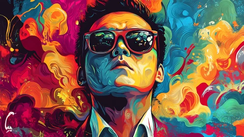 Bold portrait in swirling rainbow colors and confident light.