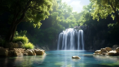 Sunlit forest waterfall spills into a tranquil blue lagoon.