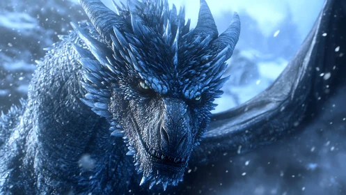 Frostborn dragon gazes through swirling snow with fierce grace