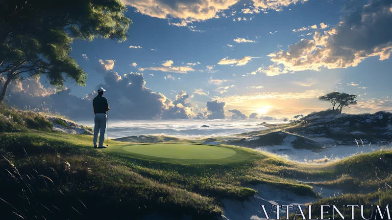 Sunlit seaside golf green embraced by a peaceful horizon.