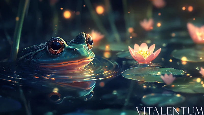Gentle frog at twilight pond glowing with soft magic light.