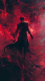 Silhouetted figure within swirling red abstract energy field.
