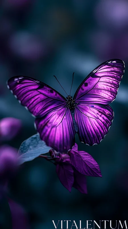 Midnight amethyst butterfly glows against velvety dusk.