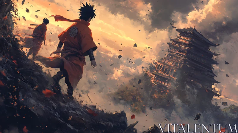 Ninja warriors charge toward collapsing pagoda in storm