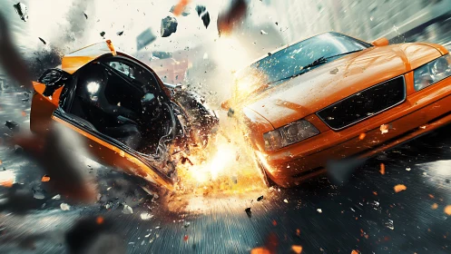 High speed orange car collision with explosive impact.